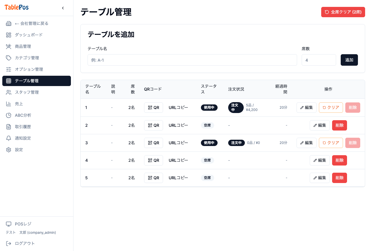 テーブル管理画面