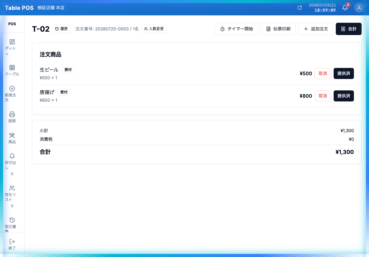 テーブル詳細画面(注文受付済み)
